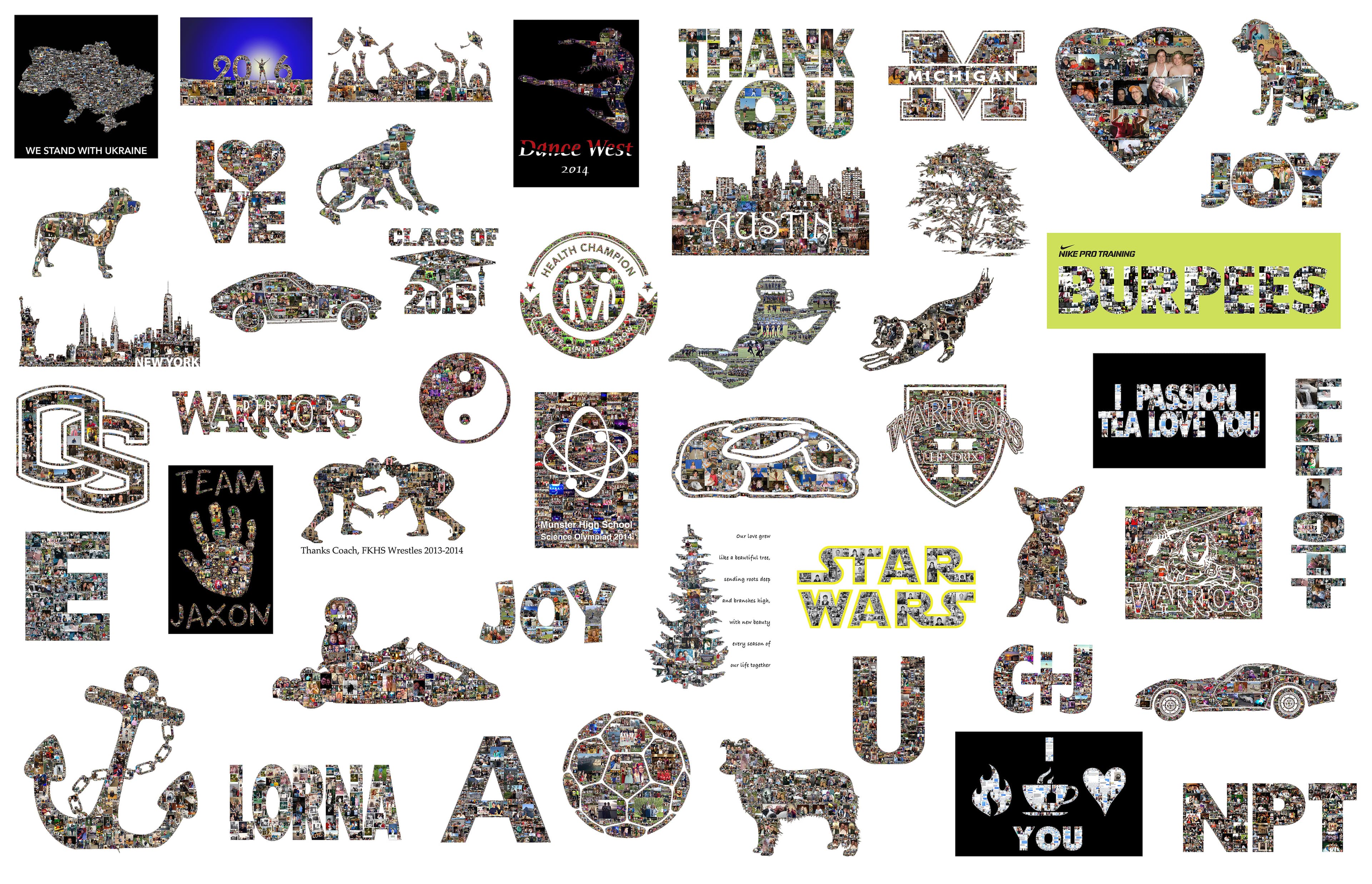 A collection of photo mosaics in dozens of different shapes including animals, text, hearts, cars, trees, and more